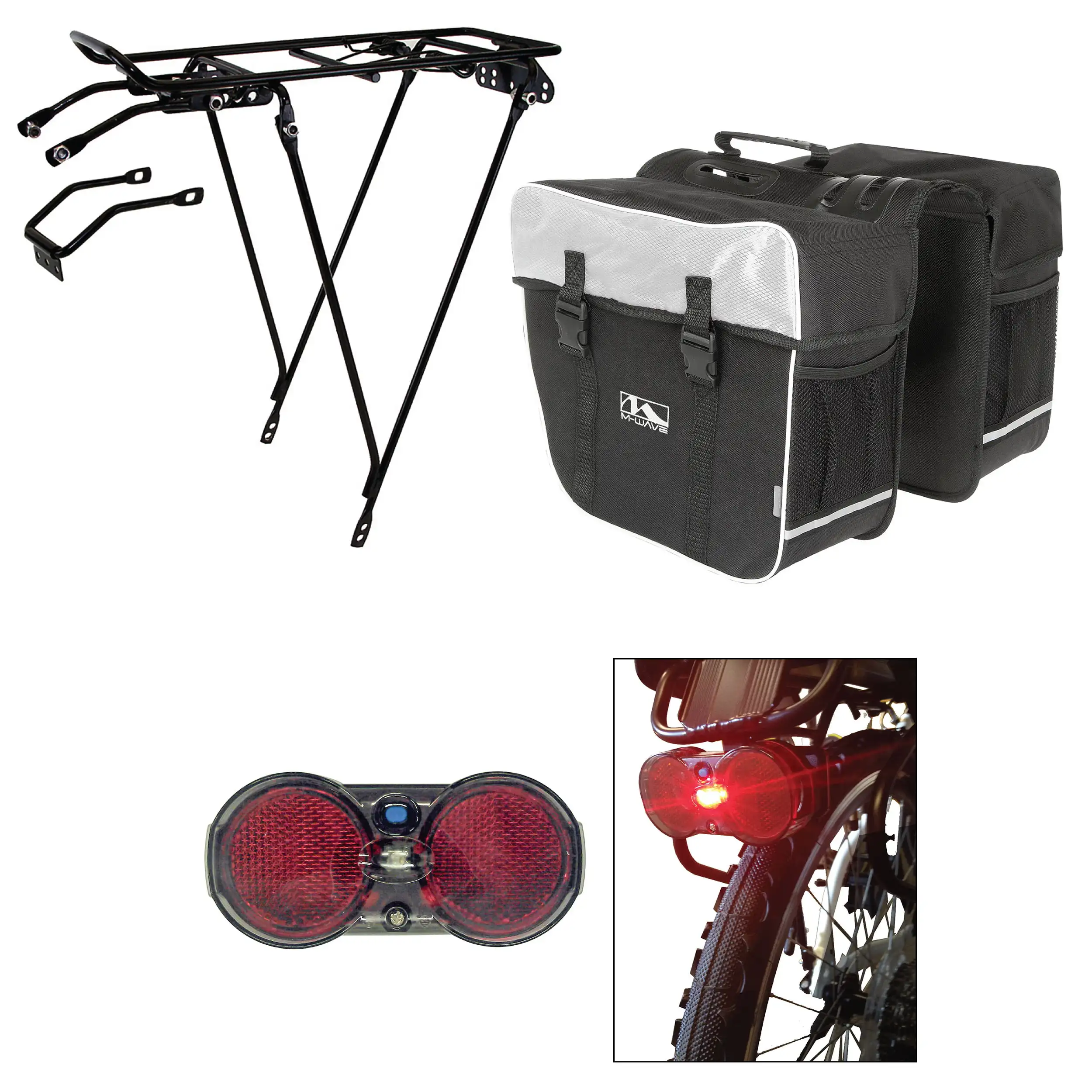 Cycle Force  Rack, Rear Light, and Pannier Bag Bundle, White