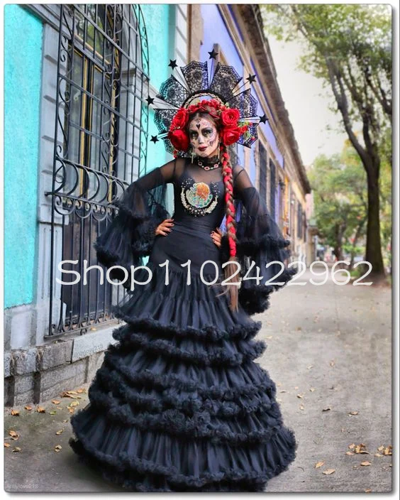 

Black Mexican Culture Evening Occasion Dresses Long Sleeve Clound Ruffles Skirt Full length Prom Gown Catrina of Los Angeles
