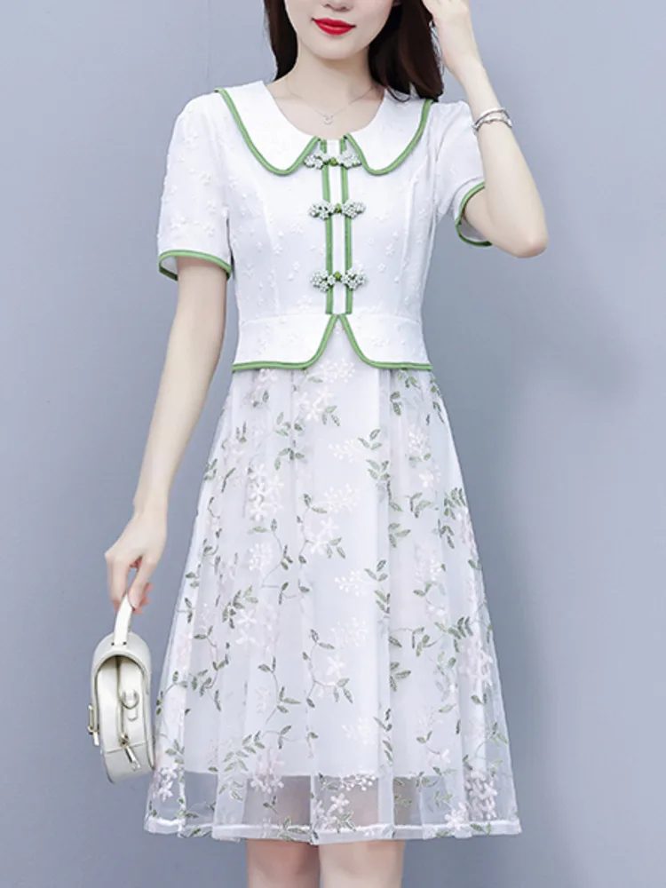 # 7965 Лето Белое Винтажное Ложное Платье А-силуэта с Высокой Талией Из Двух Частей