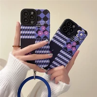 fashion houndstooth splicing flowers phone cases for iphone 13 12 mini 11 pro xs max x xr se 2020 8 7 plus with bracelet cover