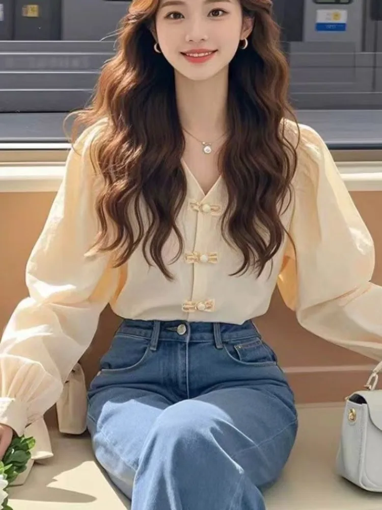 Новые китайские рубашки с длинными рукавами в национальном стиле v-образным