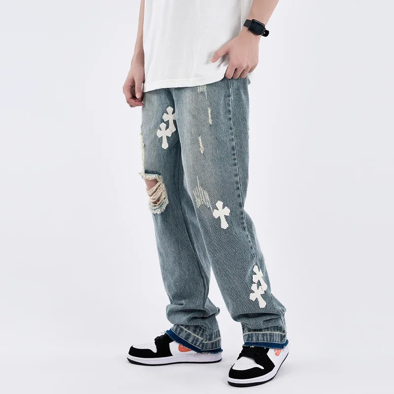 Four Seasons Men's Trousers Cross Pu Patch VIBE Trend Hole Loose Straight Mop Denim Trousers Fashion Streetwear Ins Hot Sale