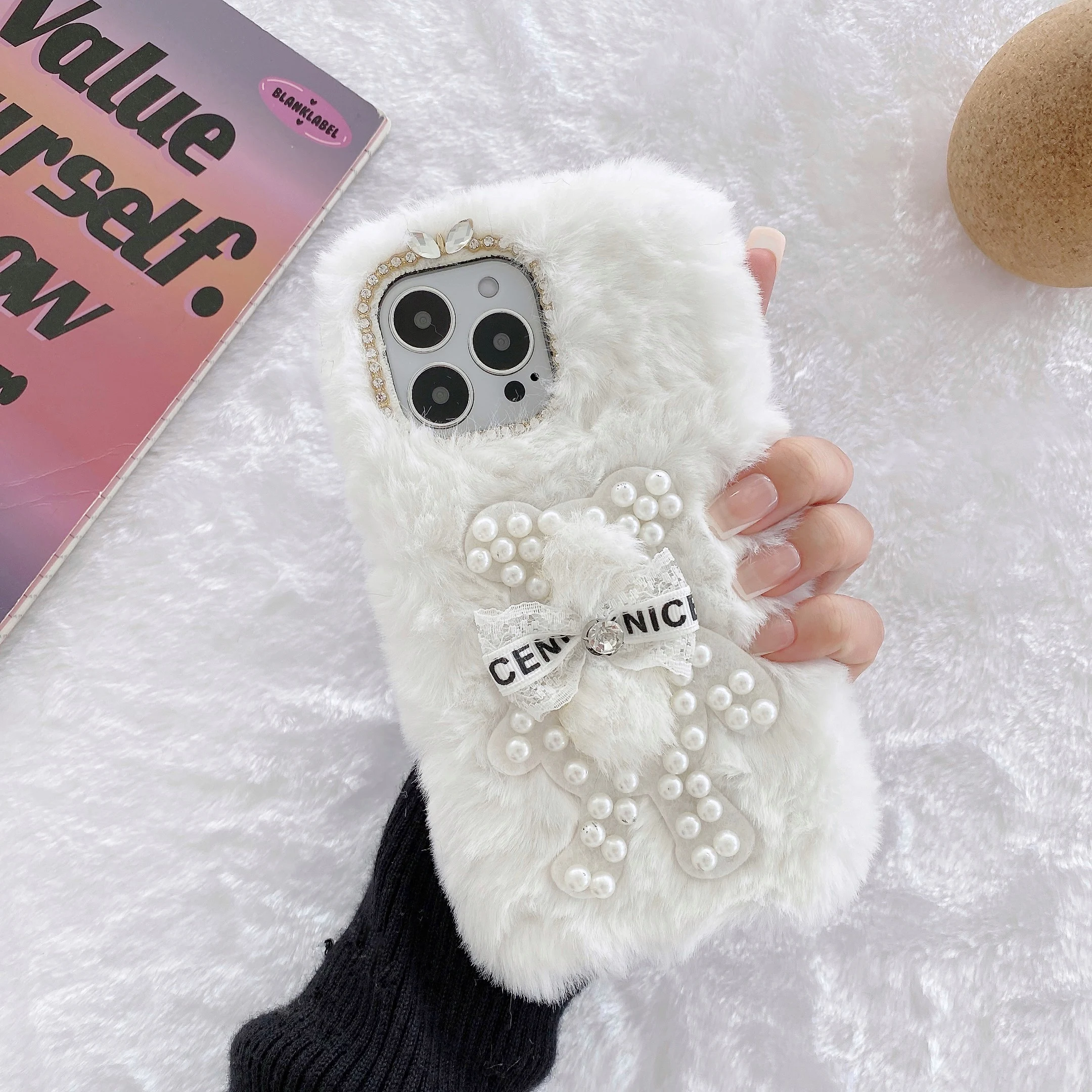 3D милый медведь жемчуг Пушистый Плюшевый Меховой чехол для телефона iPhone 12 11 13 mini
