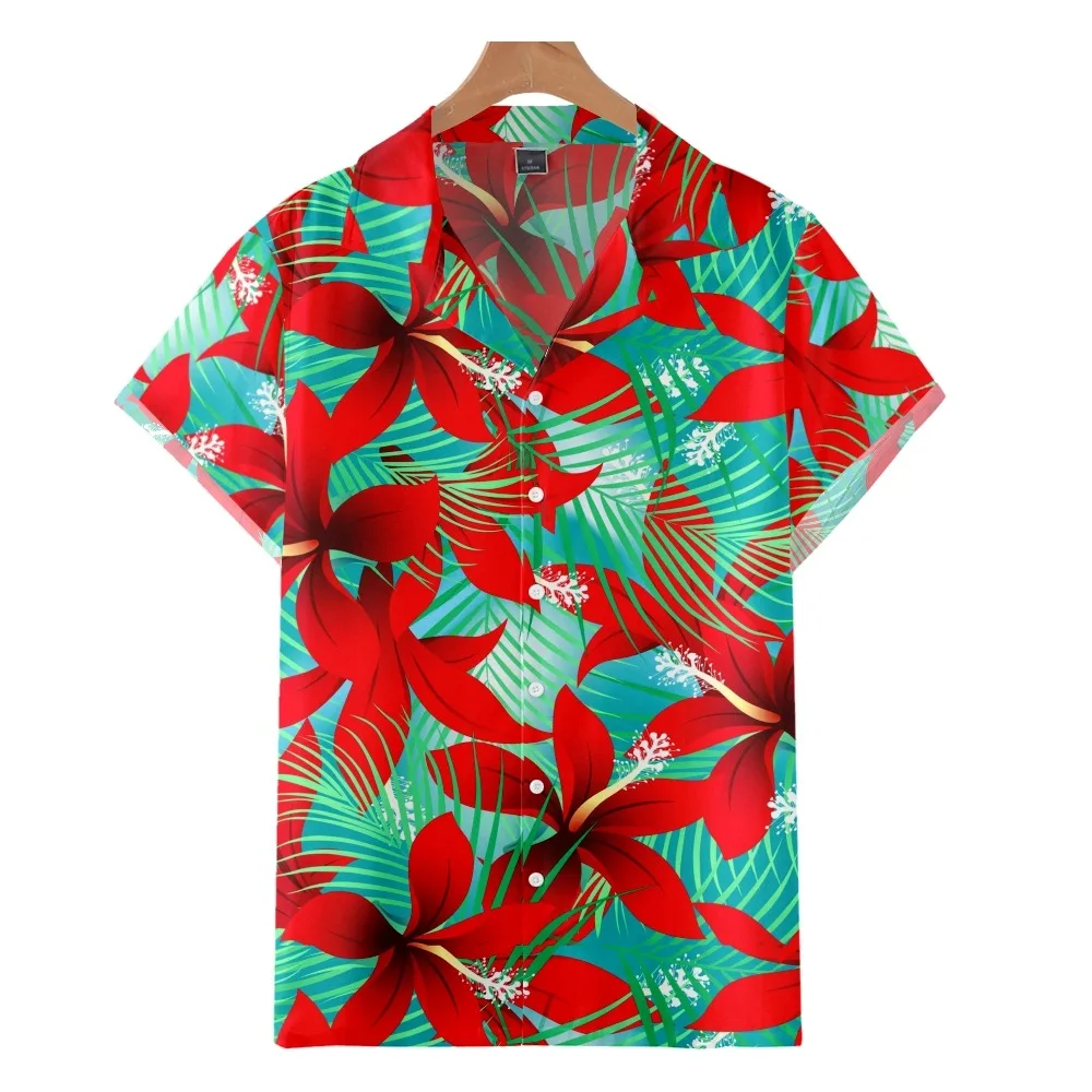 

2022 Fashion casual Hawaiian beach shirt with red pattern and palm print, men's and women's summer Cuban collar shirt