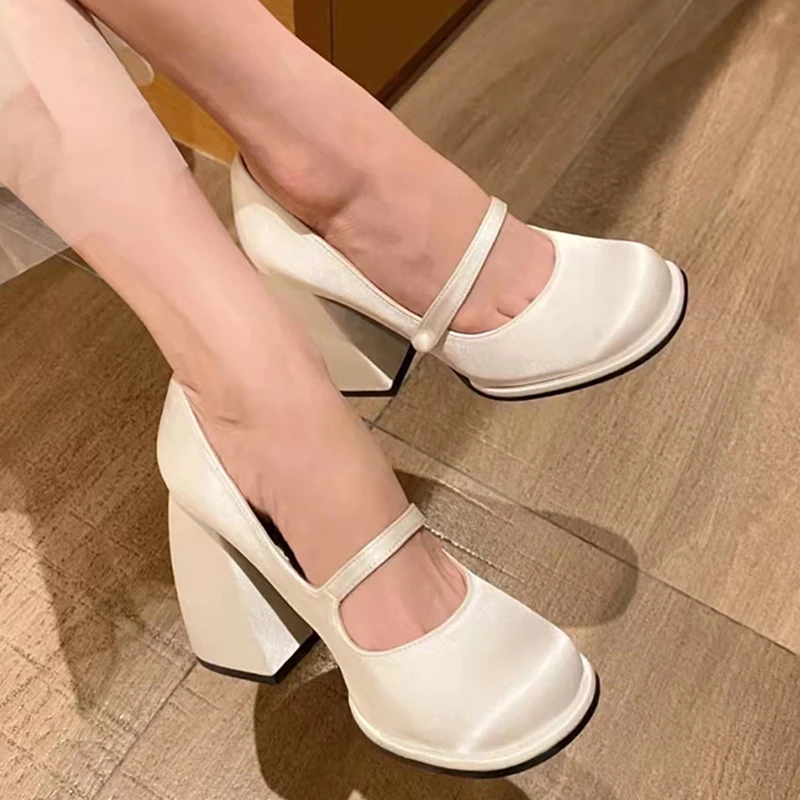 

Vintage Platform Square Toe French Marry Janes Pumps For Women Pink Black Buckle Spring Summer Silk Luxury High Heels Shoes