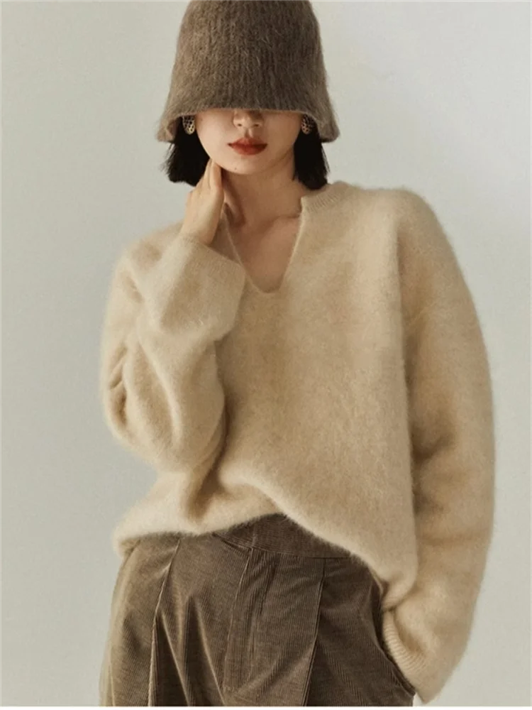 

Women's V Neck Long Sleeve Temperament Knitted Sweater Spring Autumn New Chic Fashion Vintage Female Solid Warm Jumpers