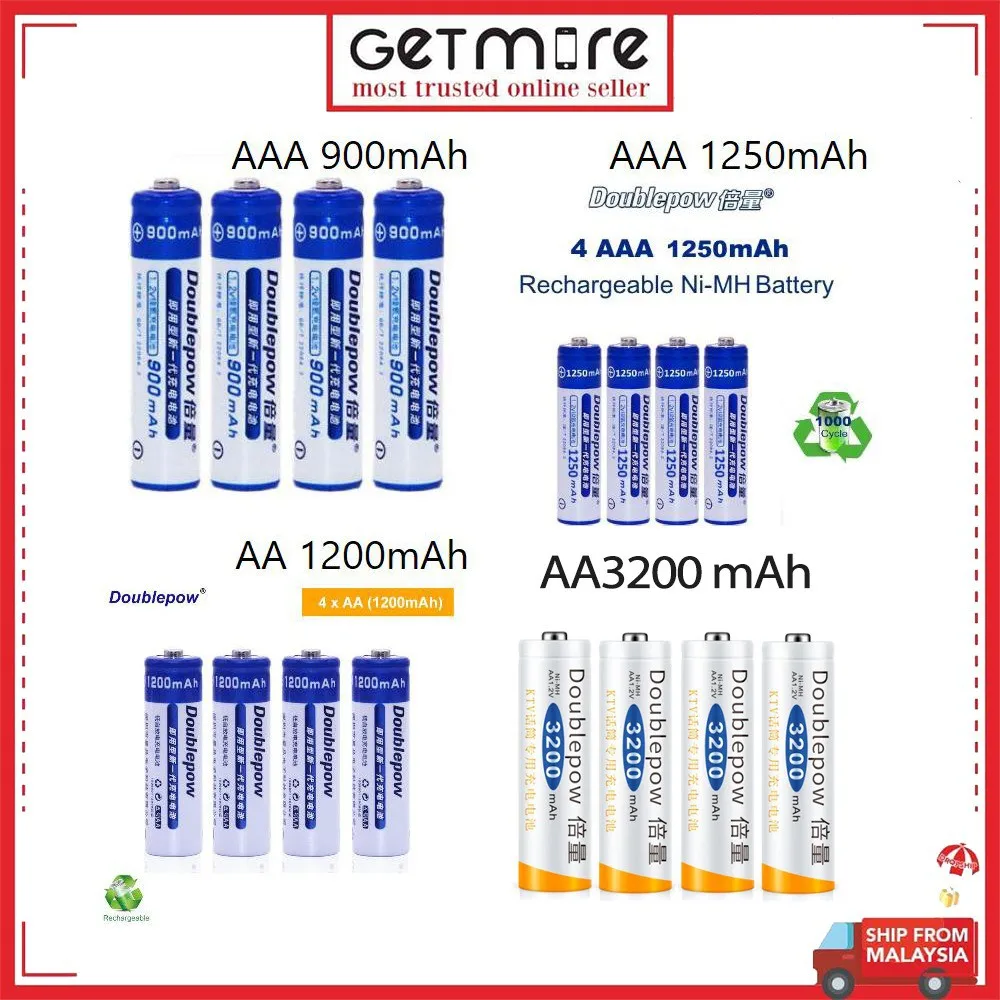 

4PACK Original Doublepow AA AAA 1.2V Ni-MH Rechargeable Battery 900mAh 1200mAh 1250mAh 3000mAh