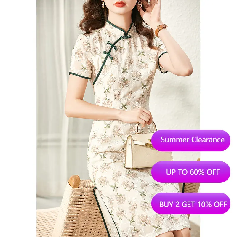 Vimly Improved Cheongsam Dress Women Summer 2022 Elegant Niche Design Chiffon Embroidery High Waist Slim Vintage Dress V2581