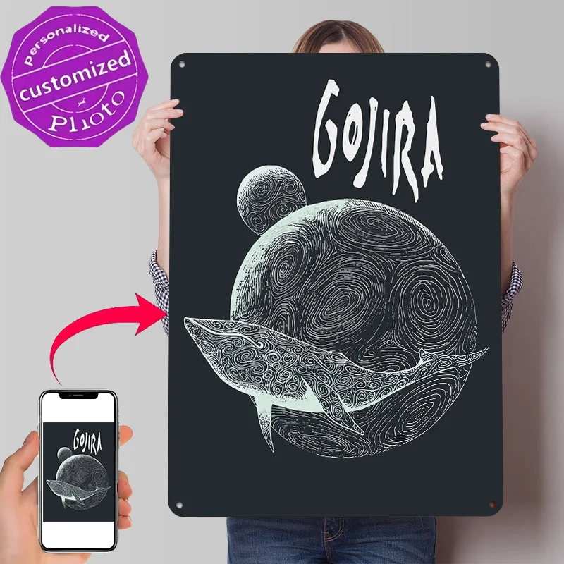 Фото Иллюстрация кита и луны Gojira, 3D-печатный текстурный постер, персонализированное настенное искусство, ретро-металлические таблички для декора гаража №1