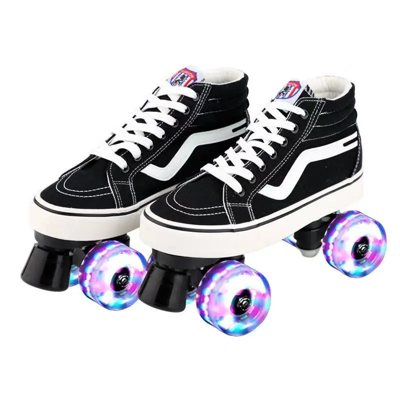 Professional Adult Quad Skates Double Row Roller Skates Unisex Canvas Shoes For Lovers Two Line Flashing Light Up Wheels Patines