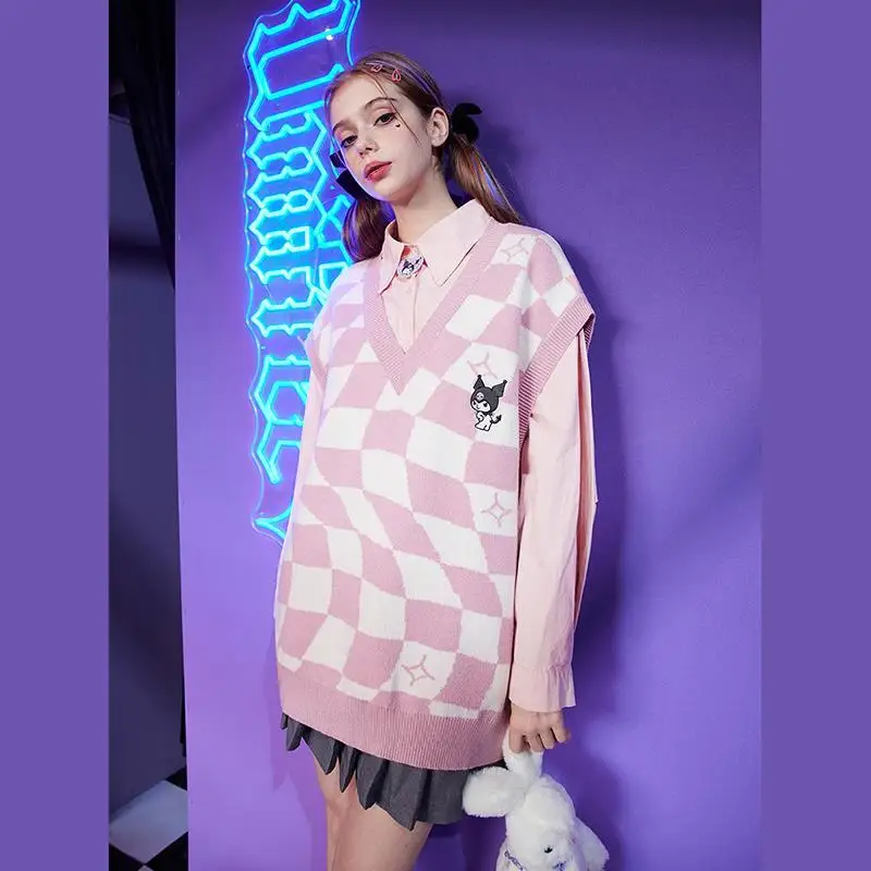 

Kawaii Sanrio Kuromi Wool Sweater Cinnamoroll My Melody V Neck Waistcoat Vest Cute Women Clothing Spring Autumn