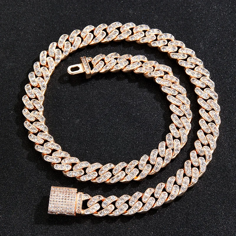 

Luxury High Huality Cuban Link Chain Rose Gold Silver Necklace For Women Men Ice Full Diamond Hip Hop Fashion Jewelry Set 2022