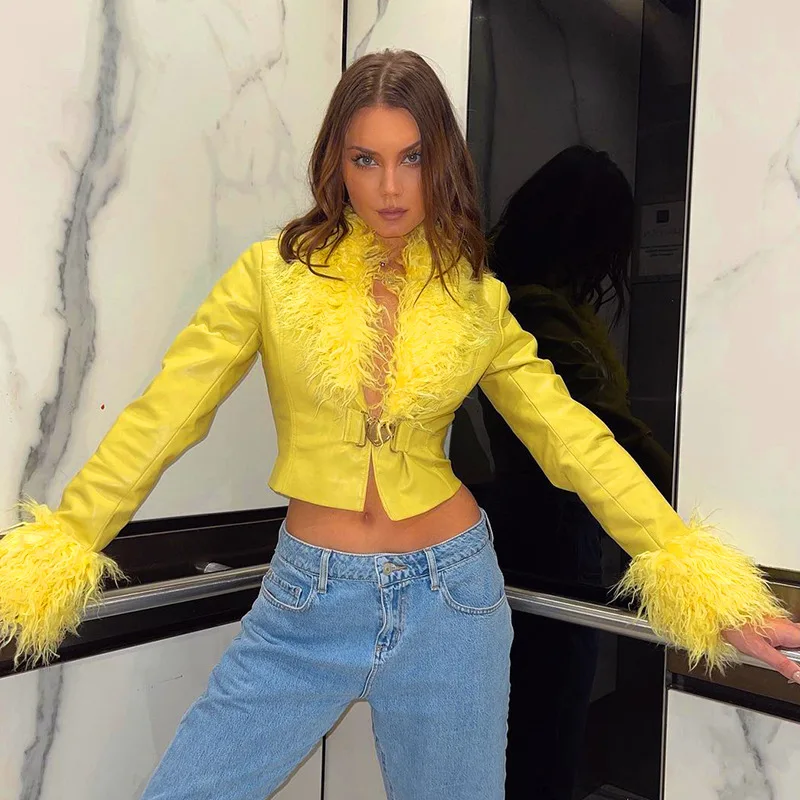 Autumn and Winter New Fashion Solid Color Long-sleeve Short Fur Collar Leather Coat Furry Collar Learher Cardigan Light Yellow