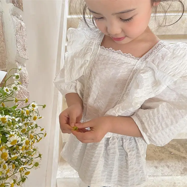 Олень jonmi 2022 летние кружевные блузки с оборками для маленьких девочек Детские