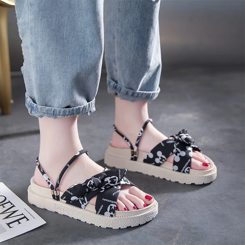 Women's Slippers 2022 Summer New Thick Bottom Bow Slippers Two Wear One Word Casual Outer Wear Flat Bottom Sandals Women