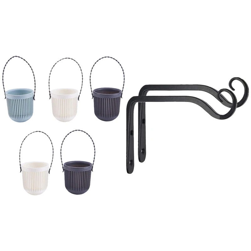 

5X Plastic Hanging Orchid Pot Balcony Creative Wall Hanging Flower Pot & 2X Wall Hanging Plant Bracket Hanging Brackets