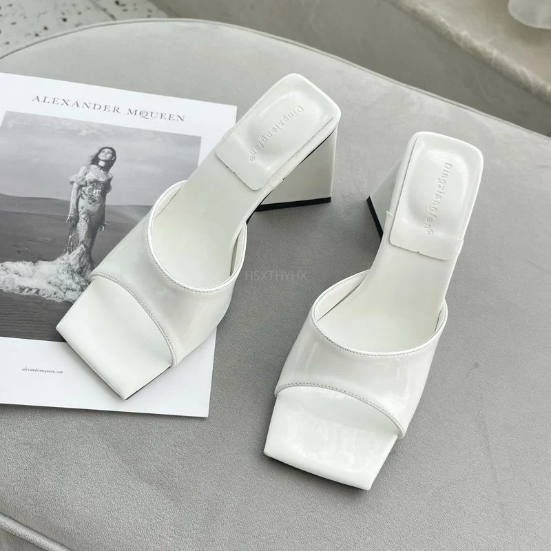 2022 Fashion Elegant Women Slides 8.5cm High Heels Green Orange Block Heels Mules Slippers Lady Square Toe Sandals Pumps Shoes