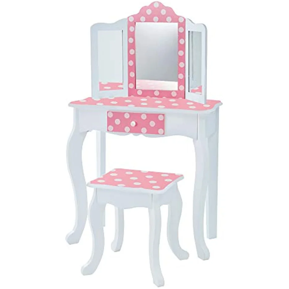 

Набор для туалетного столика и стула с зеркалом, туалетный столик для макияжа, с выдвижным ящиком, модные принты в горошек, комплект туалетного столика жизеле, розовый, белый