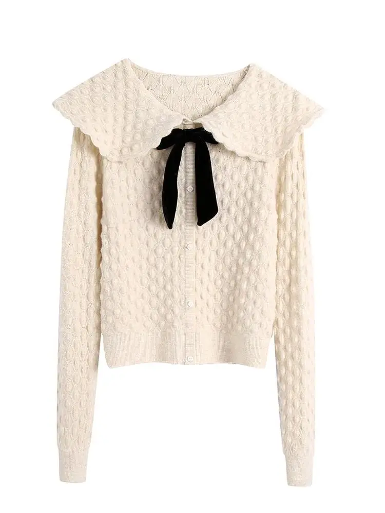 

Women's Sweater ZAZB 2022 Winter Bow Tie Elegant Sweaters Solid Beige Long Sleeve Ruffles Cotton Slim Pullovers Female Tops