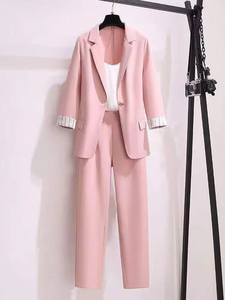 Korean Elegant Women's Suit Female Blazer Leisure Pants Tweed Jacket Three Piece Set 2022 Spring New |