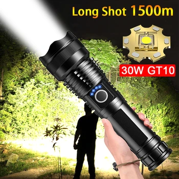 고출력 LED 손전등, USB 충전식 토치 라이트, 장거리 촬영, 야외 캠핑 하이킹용 초강력 손전등, 30W