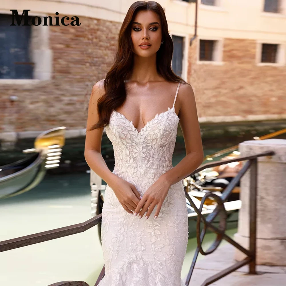 

MONICA Trumpet Spaghetti Straps Fancy Wedding Dresses For Mariages Sleeveless Floral Print Robe De Soirée De Mariage Custom Made