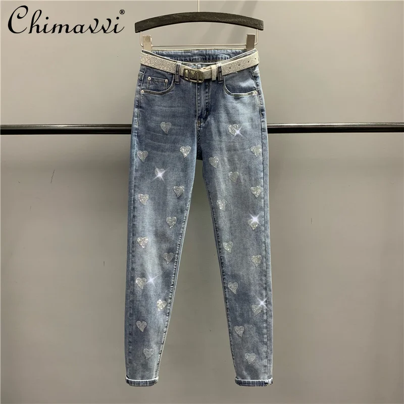 

European Style 2022 Spring New Fashion Love Rhinestone Jeans Women Elastic High Waist Slim Ankle-Tied Straight Denim Pants