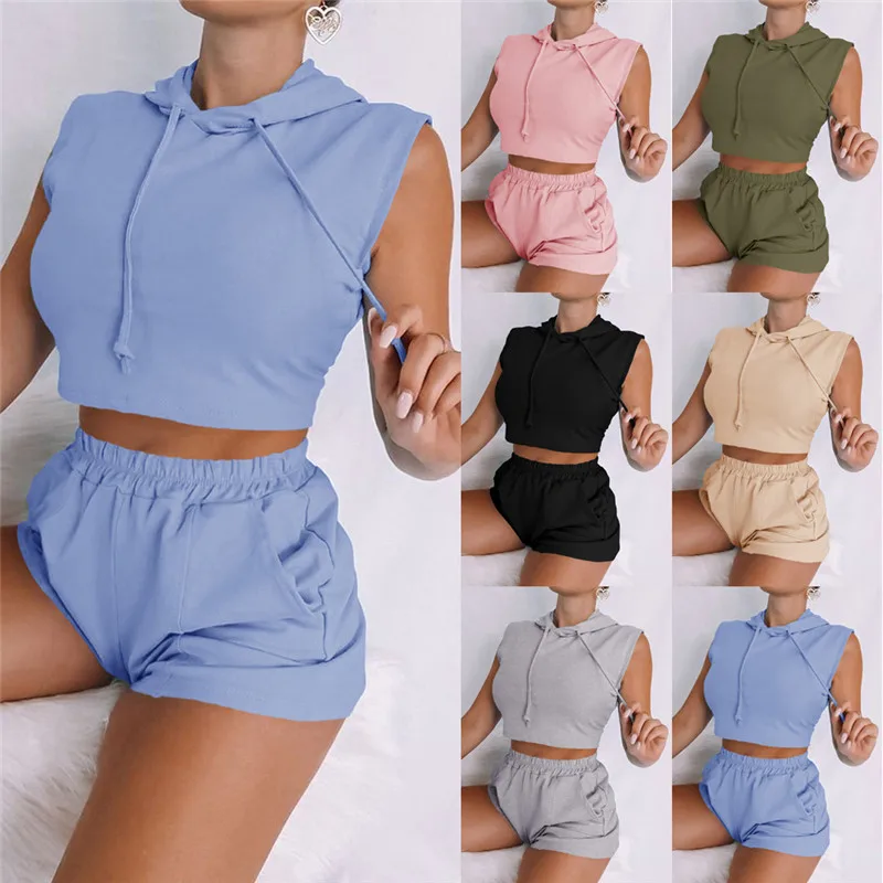 

Sexy Crop Tops Shorts 2-Pieces Sets Women Sleeveless Hooded T-shirts Top and Elastic Shorts Streetwear Tracksuits Casual Sets