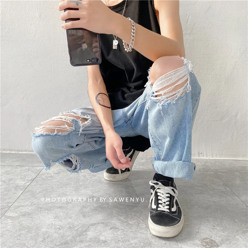 Men Jeans Wide-leg Straight Oversize 3XL Hole Ripped Street-wear All-match Denim Trousers Mens Loose Casual Fashion Harajuku New
