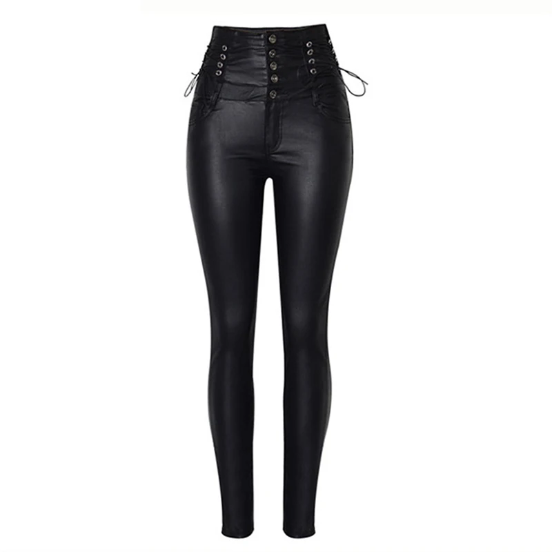 

High Waist Women's Clothing PU Leather Pants Skinny Lace Up Moto Biker Long Trousers Female Stretch Coated Denim Pants