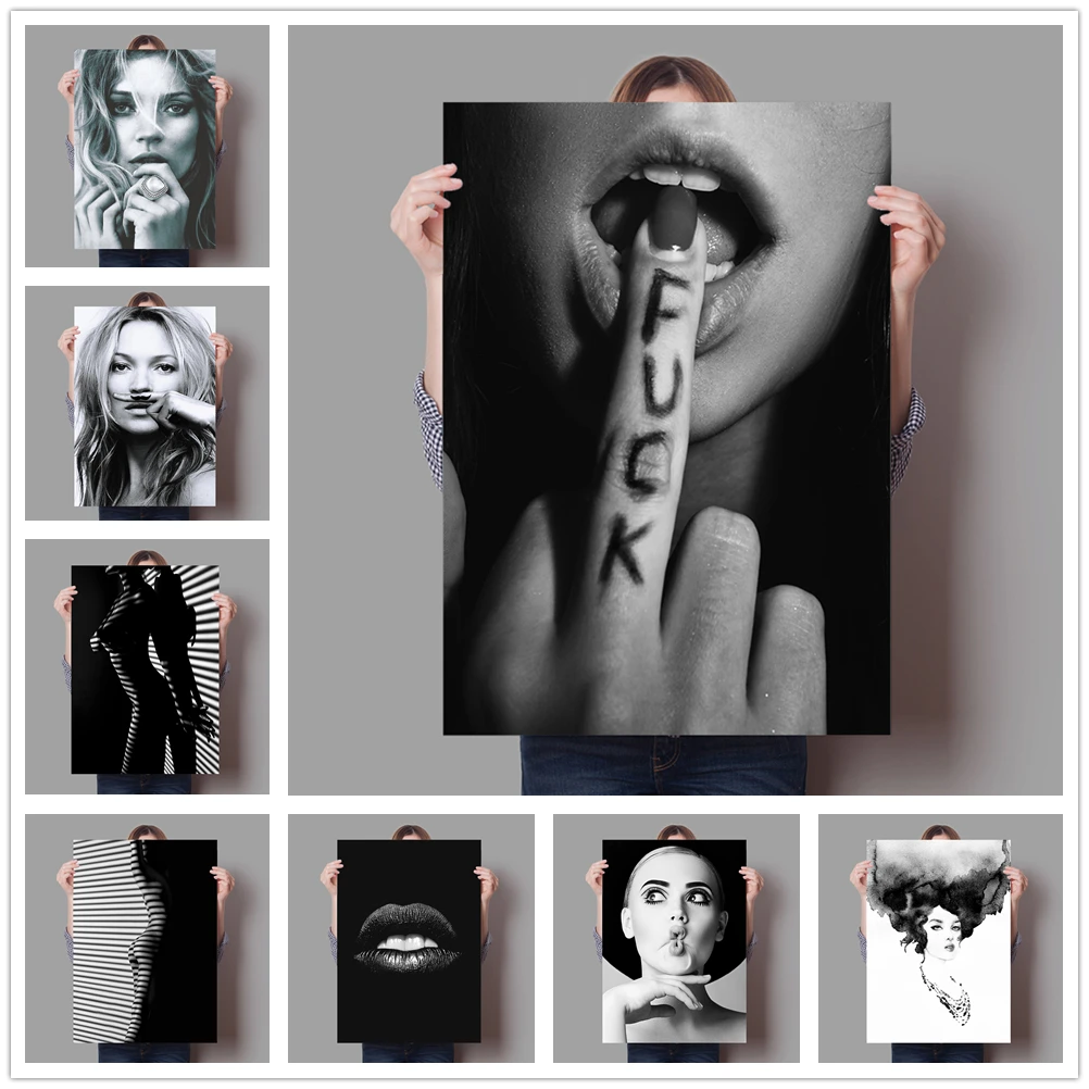 

Sexy Girls Poster Black and White Lips Canvas Painting Wall Art Picture Home Decor for Living Room Bedroom