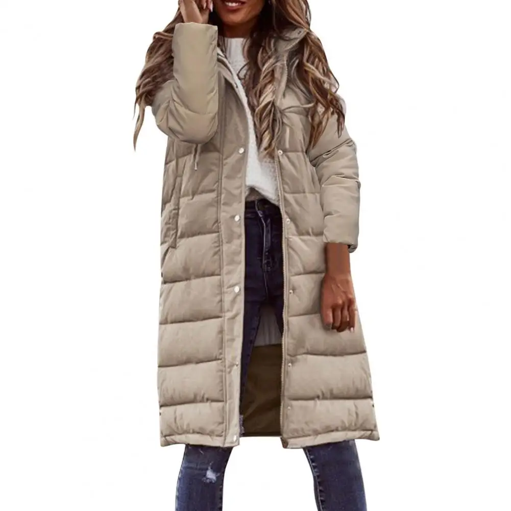

Long Sleeve Pockets Buttons Zipper Placket Thickened Striped Quilted Women Coat Winter Solid Color Hooded Mid-length Down Jacket