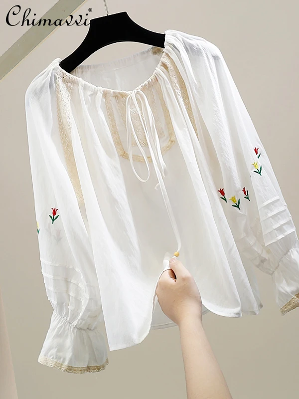 

Fashion Drawstring Lace-up Pleated Flowers Embroidered Shirt 2022 Summer Flared Long Sleeves Cotton Linen Blouse Loose Tops
