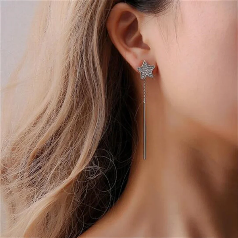 

New Simple Luxury Crystal Star Tassel Earrings Metal Silver Color Charming Women's Stud Earrings Office Career Female Jewelry