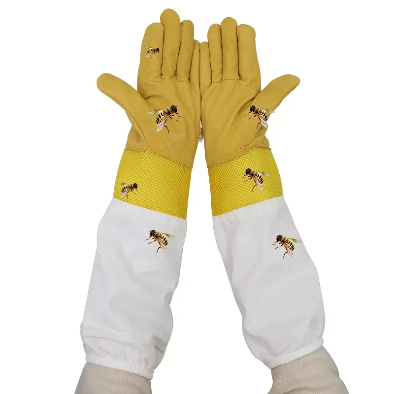 

Beekeeping Gloves Yellow Short Mesh Protective Sleeves Breathable White leather and Cloth Anti Bee Apiculture Beekeeping Gloves