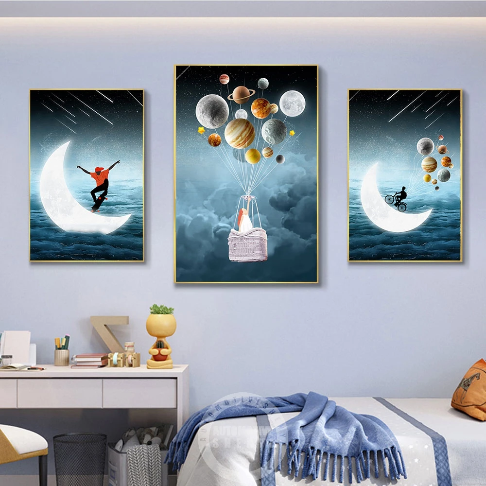 

Nordic Cartoon Balloon Moon Universe Posters Canvas Painting Blue Sky Print Wall Art Picture Lovely Nursery Kids Room Home Decor
