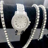 3pcs luxury iced out watches for women tennis chain bracelet necklaces bling bling jewelry set simple fashion luxury watch women