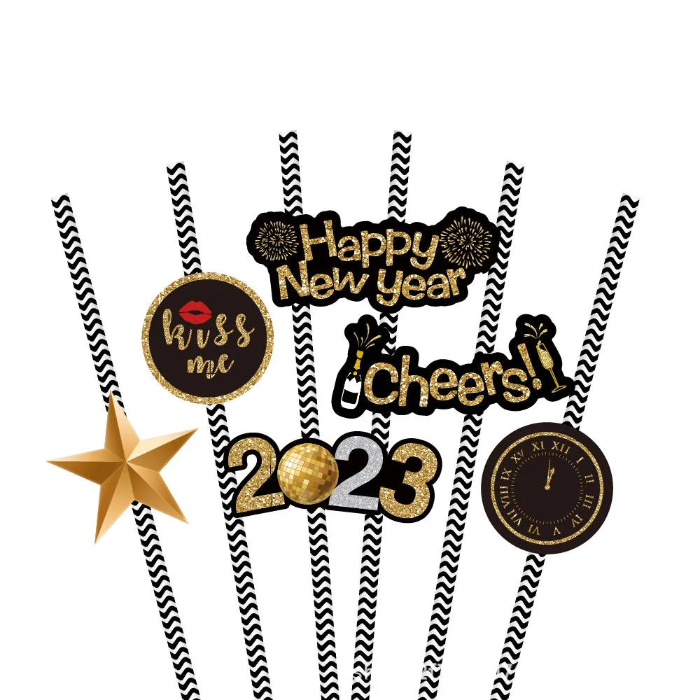 

36pcs New Year Theme Paper Straws Happy New Year Cheers 2023 Glitter Card Straws New Year Holiday Party Celebration Supplies