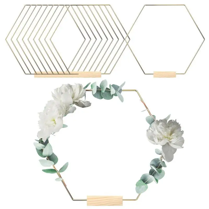 

Floral Hoop Centerpiece With Stand 10 PCS Gold Hexagonal Metal Floral Hoops For Table Wreath Ring With 10 PCS Place Card Holders