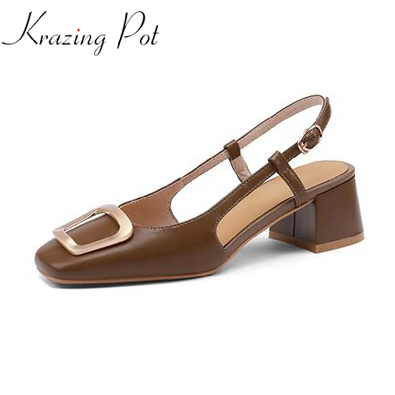 

Krazing Pot chic genuine leather square toe med heels shallow metal buckle summer elegant buckle straps slingback women pumps