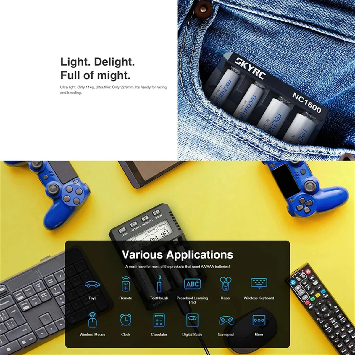 SKYRC NC1600 Зарядное устройство NiMH NiCr аккумуляторов AA/AAA с анализатором Портативное