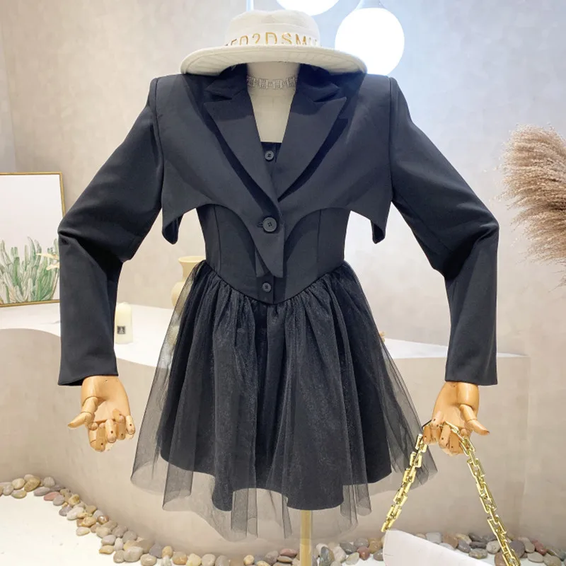 

Niche Design New Women Clothing 2022 Spring Back Hollowed Out Mesh Dress + Long Sleeve Short Suit Blazers Top Coat 2 Piece Set
