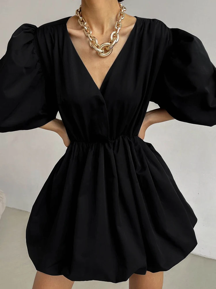 

Trendeez Casual Plain V-neck Puff Sleeve Ball Gown Mini Dress