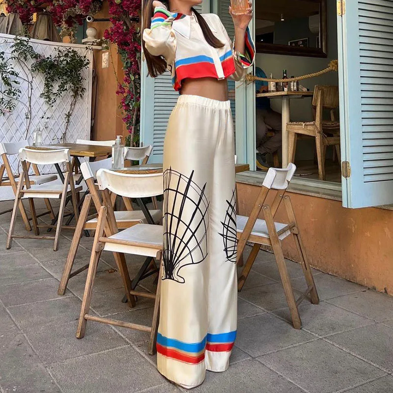 

New Spring Autumn Pattern Print Satin Suit Women Button Lapel Crop Top & Wide Leg Pants Outfit Elegant Office Lady Two Piece Set