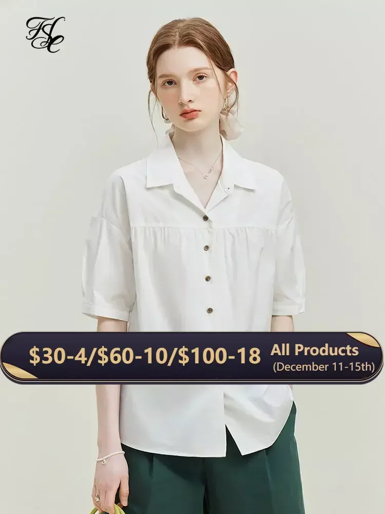 

FSLE 100% Cotton Versatile Short Sleeve Shirt 2023 Summer New Loose Tops White Office Lady Women Shirts Casual Loose Shirts