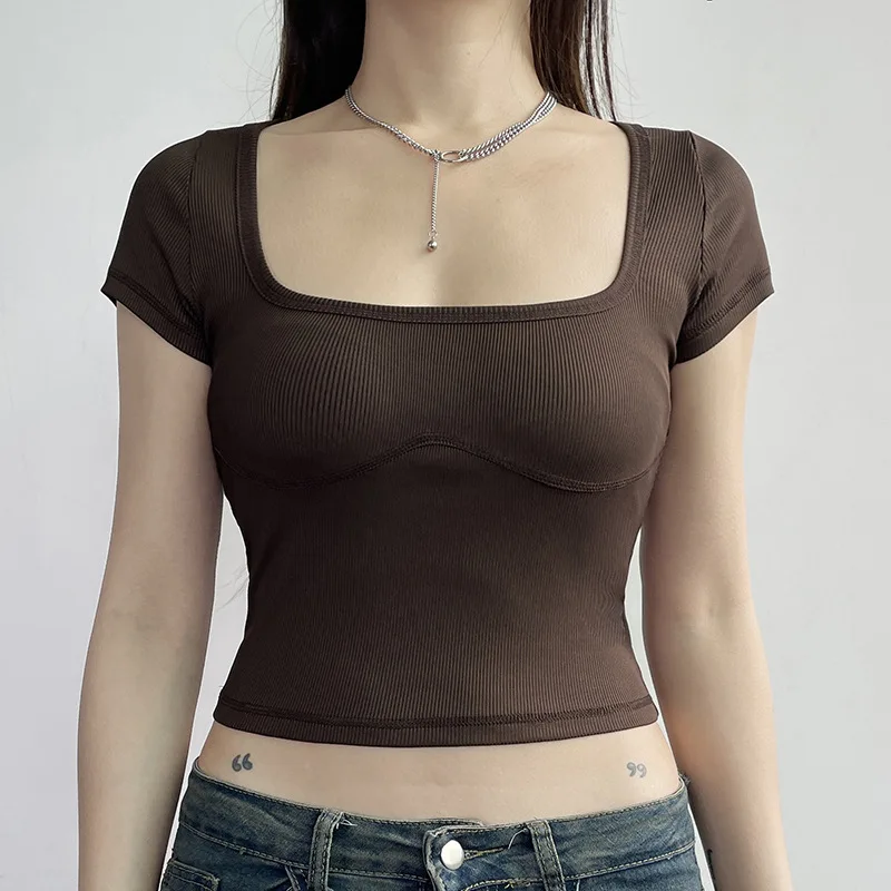 Однотонный облегающий короткий топ с квадратным вырезом Женская Повседневная