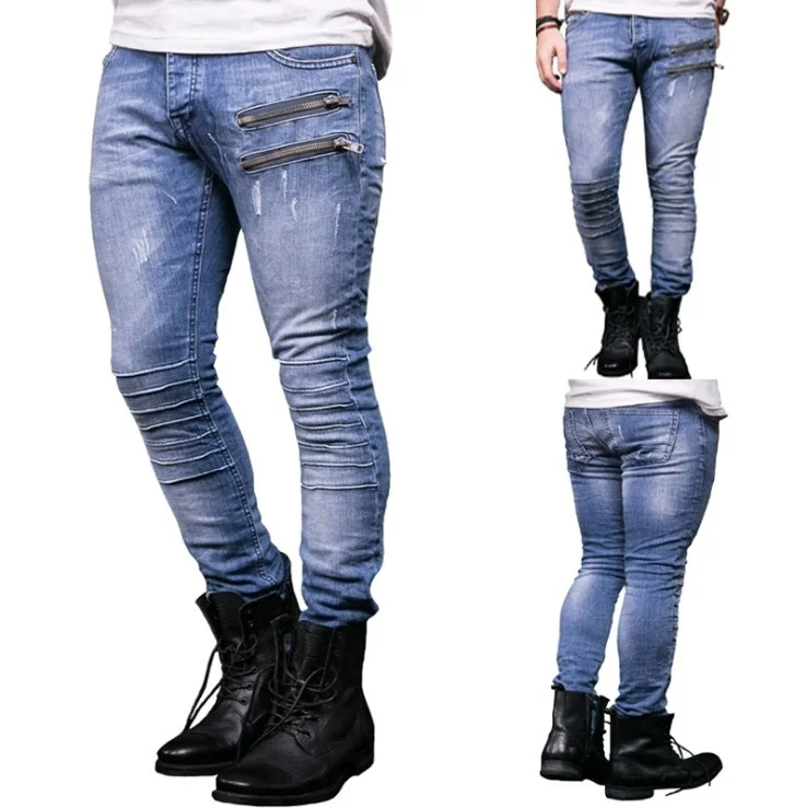 

Men's Jeans Biker Skinny Stretch Denim Pants Zipper Pocket Full Length Men Mid Waist