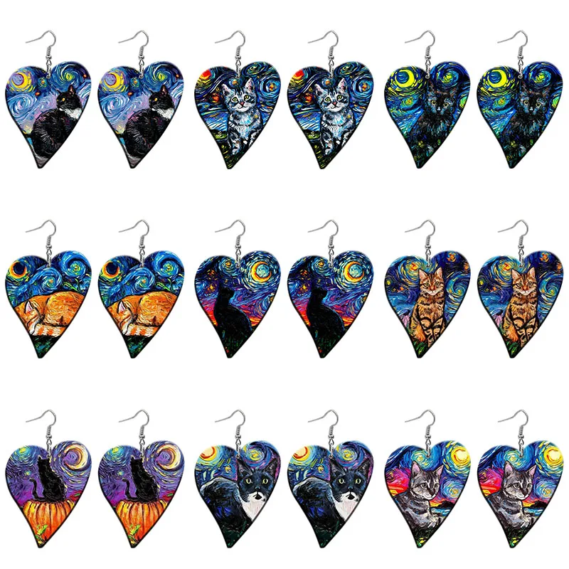 

Cute Cat Pattern Acrylic Heart Drop Earrings For Women Stainless Steel Piercing Ear Hooks Jewelry Girls' Gift Z1260