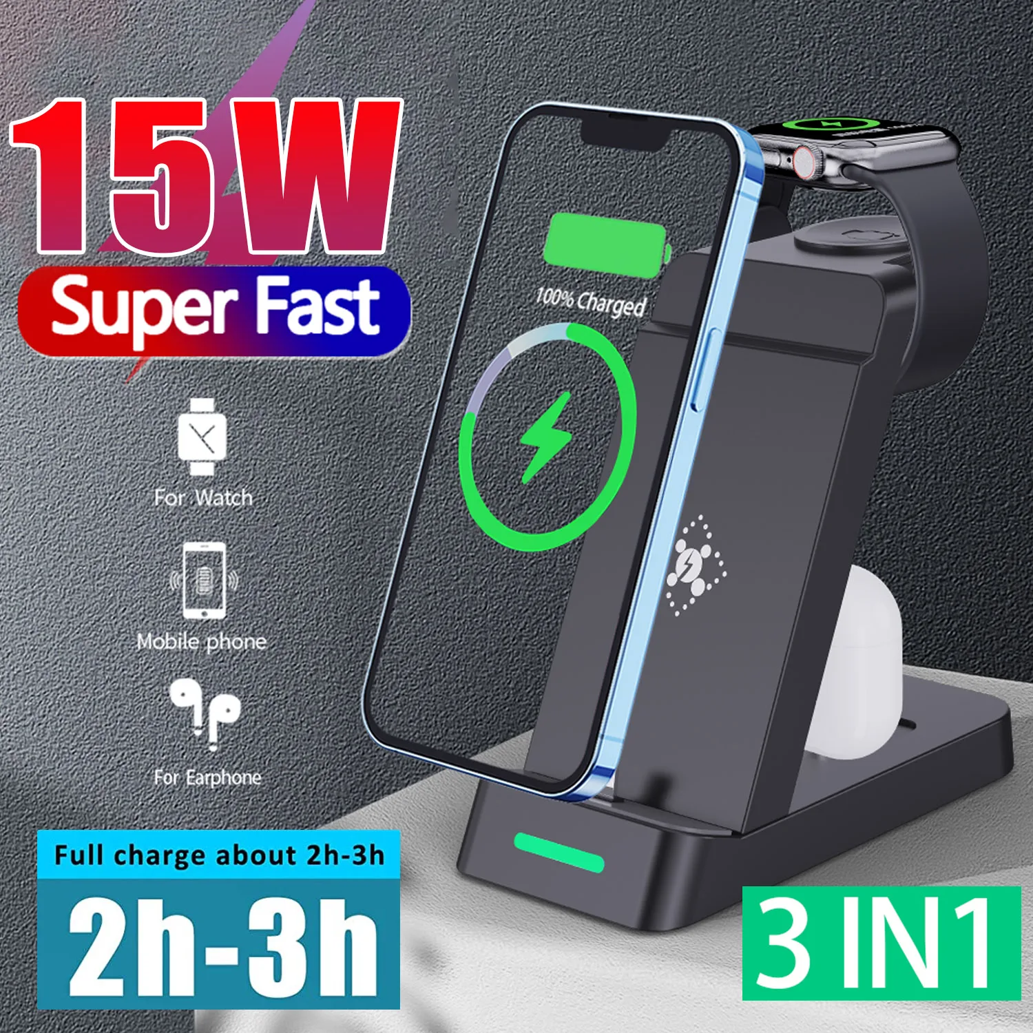 

15W 3 in 1 Wireless Charging Station For iPhone 14 13Pro Apple Watch 8/7/6/5/3 For Samsung Galaxy Watch Chargers 4/3/2 S22 S21