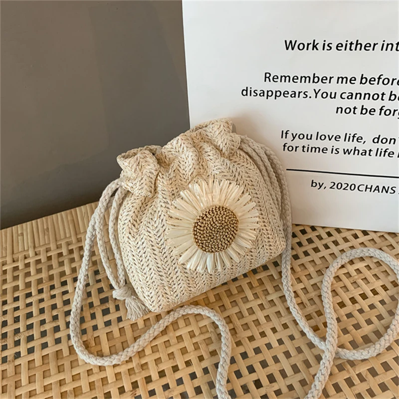 

Women's Bag Summer Beach Straw Bags Classic Texture Sunflower Drawstring Woven Bucket Crossbody Shoulder Messenger Сумка Женская